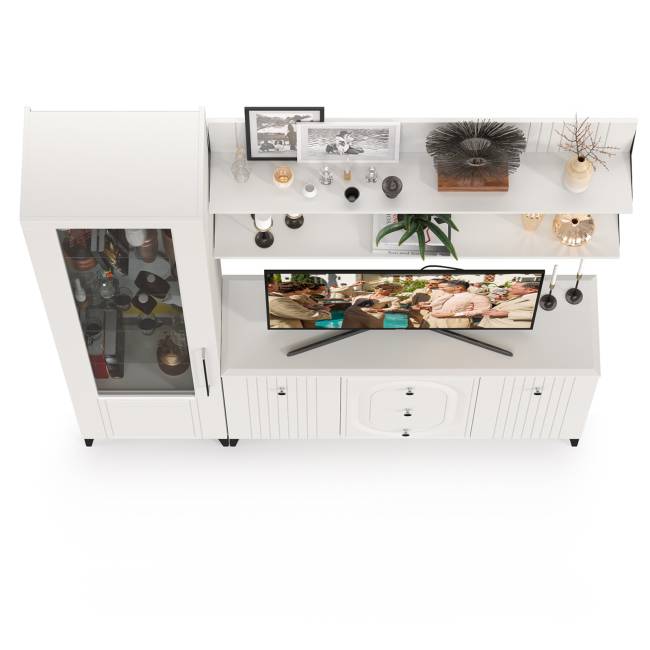 TV-тумба-комод с двумя навесными полками и пенал со стеклом в гостиную Валенсия цвет белый шагрень