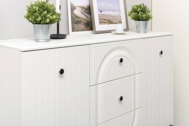 TV-тумба-комод с двумя навесными полками и пенал со стеклом в гостиную Валенсия цвет белый шагрень