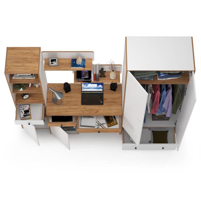 Мебельная стенка в молодёжную комнату Вуди № 23 цвет белый премиум/дуб крафт золотой Мебельная стенка в молодёжную комнату Вуди № 23 цвет белый премиум/дуб крафт золотой