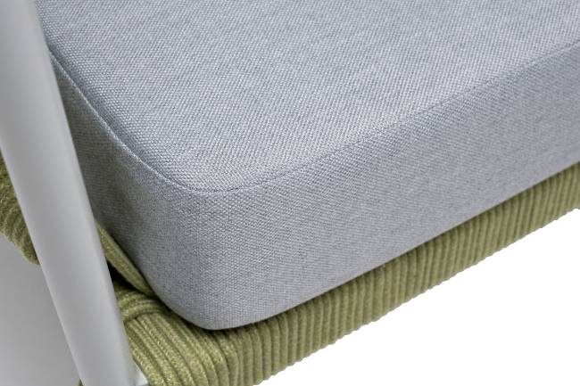 "Диего" диван 2-местный плетеный из роупа, каркас алюминий светло-серый (RAL7035) муар, роуп салатовый меланж круглый, ткань светло-серая "Диего" диван 2-местный плетеный из роупа, каркас алюминий светло-серый (RAL7035) муар, роуп салатовый меланж круглый, ткань светло-серая