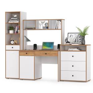 Компьютерный стол, стеллаж и комод с нишей Вуди № 50 цвет белый премиум/дуб крафт золотой