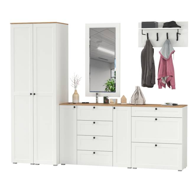 Стенка в прихожую Остин № 58 цвет белый шагрень/дуб крафт золотой