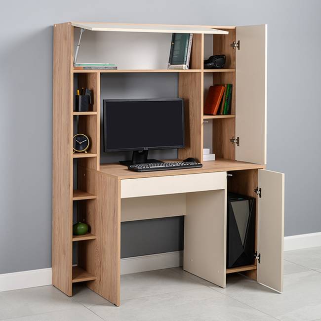 Компьютерный стол с системой хранения Комфорт 12.71 цвет гикори рокфорд натуральный/сатин