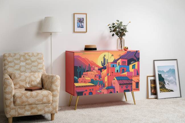 Комод-тумба Кармин 16.230.03 цвет красный/белый, фасады с рисунком Бразильские домики Комод-тумба Кармин 16.230.03 цвет красный/белый, фасады с рисунком Бразильские домики