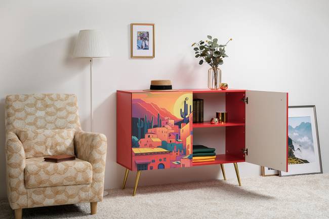 Комод-тумба Кармин 16.230.03 цвет красный/белый, фасады с рисунком Бразильские домики Комод-тумба Кармин 16.230.03 цвет красный/белый, фасады с рисунком Бразильские домики