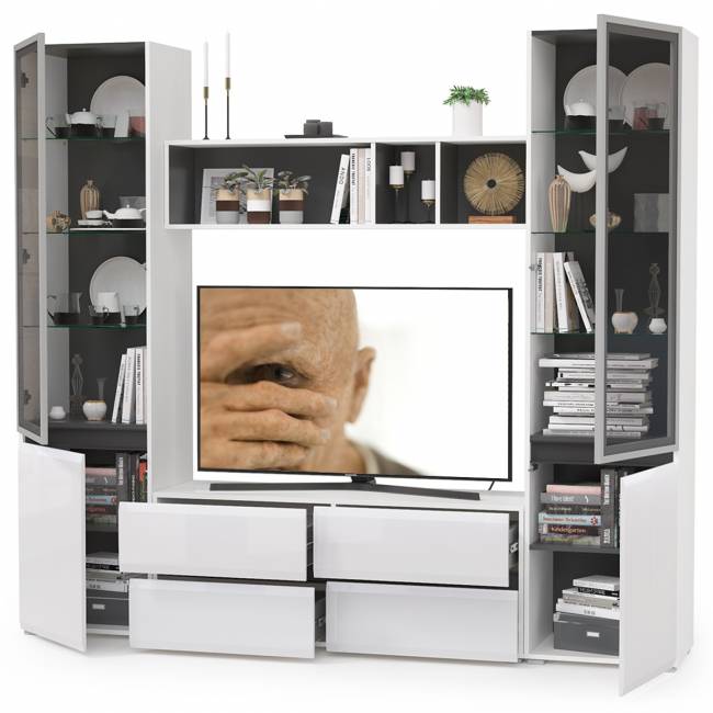 Стенка для гостиной со стеклянными фасадами Сидней цвет белый/чёрный/фасады МДФ белый глянец