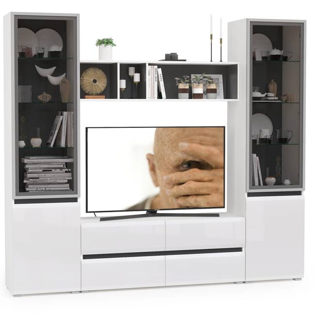 Стенка для гостиной со стеклянными фасадами Сидней цвет белый/чёрный/фасады МДФ белый глянец