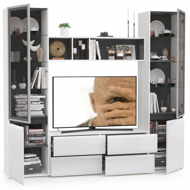 Стенка для гостиной со стеклянными фасадами Сидней цвет белый/чёрный/фасады МДФ белый глянец