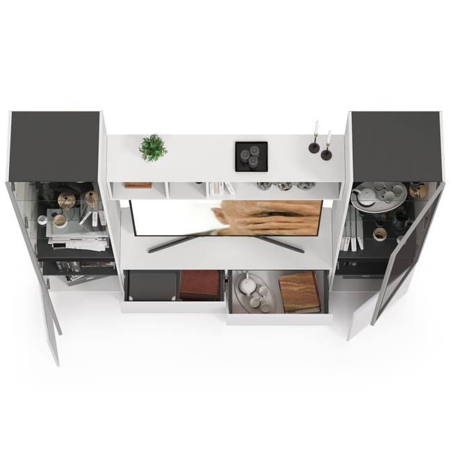 Стенка для гостиной со стеклянными фасадами Сидней цвет белый/чёрный/фасады МДФ белый глянец